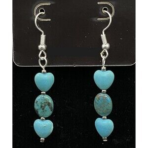 Handmade Double Heart & Turquoise Oval Bead Silver Tone Earrings by Neanie-Bot